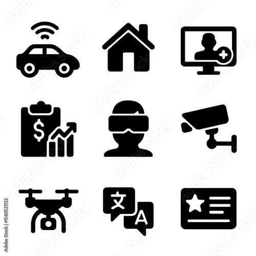 AI Application Icons. Solid, filled icon set of AI applications: self-driving car, smart home, medical diagnosis, financial