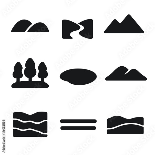 Abstract Landscape Icons. Solid, filled icon set of landscape abstract design: hill shapes, valley line, river bend, mountain