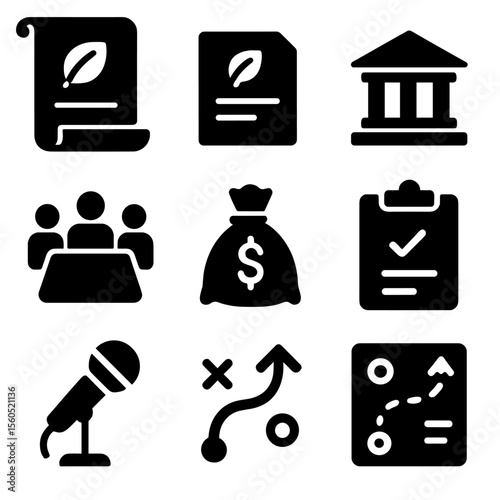 Agricultural Policy Icons. Solid, Filled icon set of agricultural policy & governance: legislation scroll, policy document,
