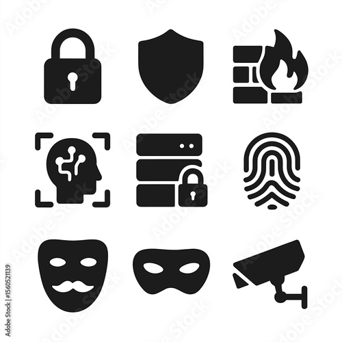 AI Security Icons. Solid, filled icon set of AI security and privacy: padlock, shield, firewall, encrypted data, biometric scan,
