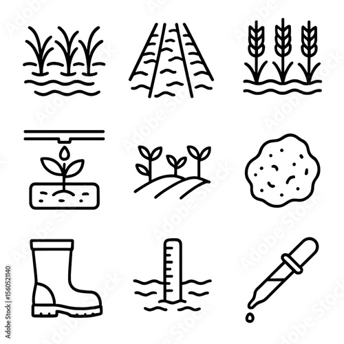 Agricultural Icon Set. Outline icon set of agricultural wet field: flooded rice paddy, irrigation furrow, waterlogged wheat, drip