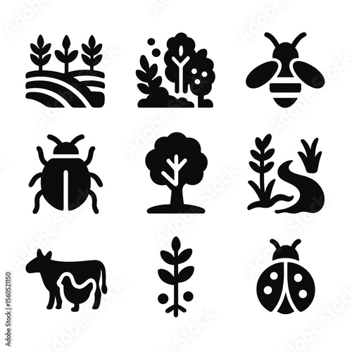 Agroecology Practice Icons. Solid, Filled icon set of agroecology practices: polyculture field, hedgerow, pollinator bee, beetle,