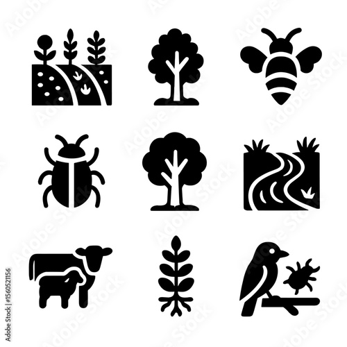 Agroecology Practice Icons. Solid, Filled icon set of agroecology practices: polyculture field, hedgerow, pollinator bee, beetle,