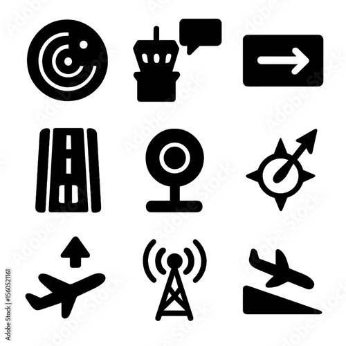 Air Traffic Icon Grid. Solid, filled icon set of air traffic control interaction: radar screen, clearance text, taxi instruction,