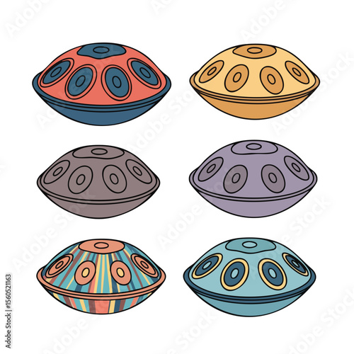 Handdrawn Flat Lay Style Handpan Musical Instrument Collection Illustration