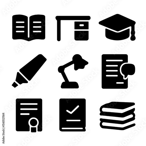 Academic Icon Set. Solid, filled icon set of academic book settings: open textbook, study desk, graduation cap, highlighter, study