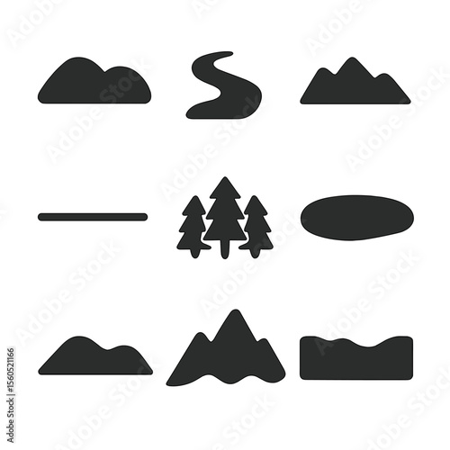 Abstract Landscape Icons. Solid, filled icon set of landscape abstract design: hill shapes, valley line, river bend, mountain