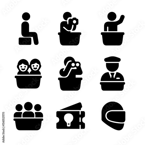 Air Balloon Icons. Solid, filled icon set of air balloon passengers: seated person, photographer, waving hand, binoculars,