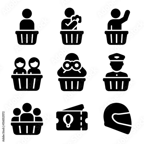 Air Balloon Icons. Solid, filled icon set of air balloon passengers: seated person, photographer, waving hand, binoculars,