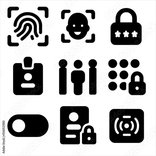 Access Control Icons. Solid, filled icon set of access controlling: fingerprint scan, face ID, password lock, access badge, secure