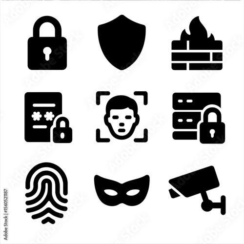 AI Security Icons. Solid, filled icon set of AI security and privacy: padlock, shield, firewall, encrypted data, biometric scan,