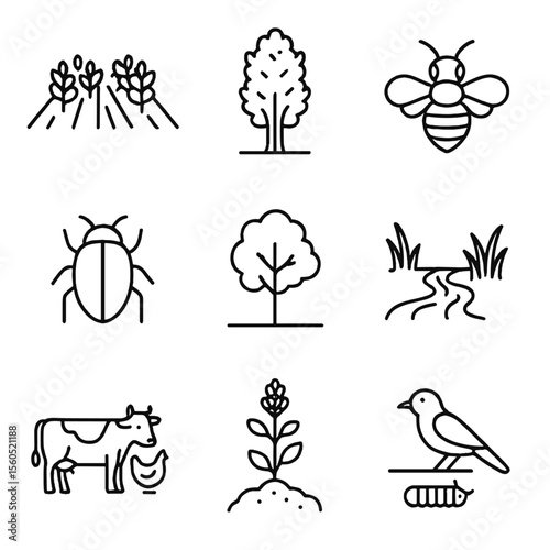 Agroecology Icon Set. Outline icon set of agroecology practices: polyculture field, hedgerow, pollinator bee, beetle, native tree,