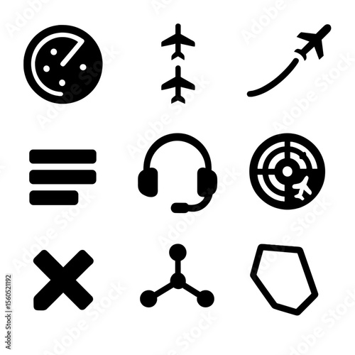 Air Traffic Control Icons. Solid, filled icon set of air traffic control tech: radar screen, traffic separation symbol, flight