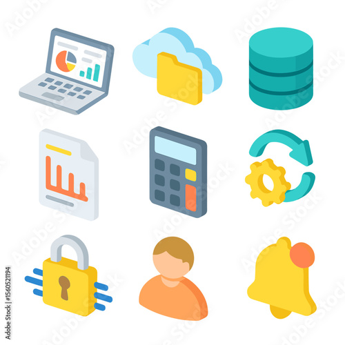 Accounting Tools Icons. Isometric Flat icon set of accounting software tools: laptop with dashboard, cloud storage, database icon,