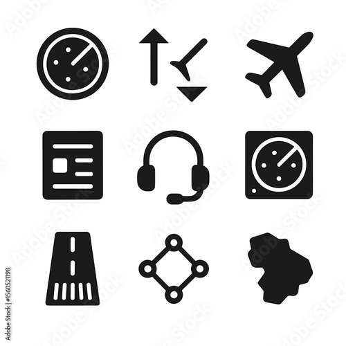 Air Traffic Control Icons. Solid, filled icon set of air traffic control tech: radar screen, traffic separation symbol, flight