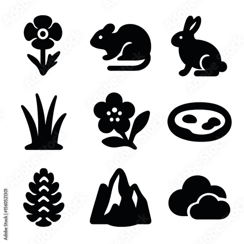 Alpine Nature Icons. Solid, filled icon set of alpine vegetation and wildlife: arctic poppy, snow vole, alpine grass, mountain