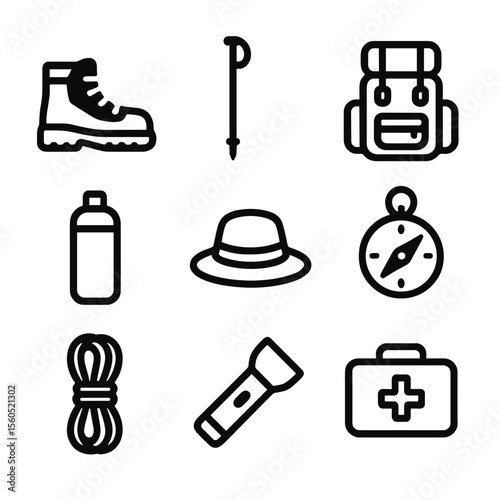 Adventure Gear Icons. Solid, filled icon set of adventure gear: hiking boots, walking stick, backpack, water bottle, hat, compass,