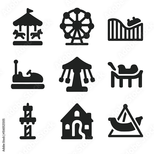 Amusement Park Icons. Solid, filled icon set of amusement park rides: carousel, Ferris wheel, roller coaster, bumper cars, swing