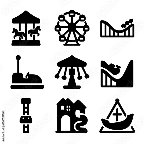 Amusement Park Icons. Solid, filled icon set of amusement park rides: carousel, Ferris wheel, roller coaster, bumper cars, swing