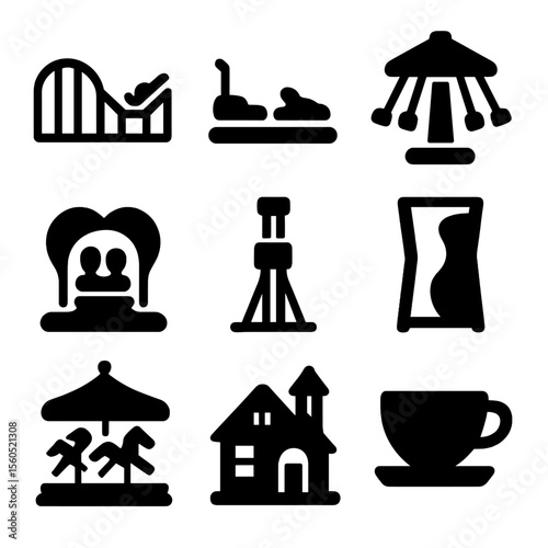 Amusement Park Icons. Solid, filled icon set of amusement park rides: roller coaster, bumper cars, swing ride, tunnel of love,