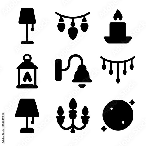 Ambient Lighting Icons. Solid, filled icon set of ambient lighting and decor: floor lamp, string lights, candle, lantern, wall
