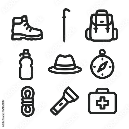 Adventure Gear Icons. Solid, filled icon set of adventure gear: hiking boots, walking stick, backpack, water bottle, hat, compass,
