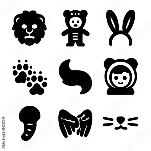 Animal Costume Icons. Solid, filled icon set of animal costumes: lion mask, tiger suit, bunny ears, bear paws, fox tail, panda