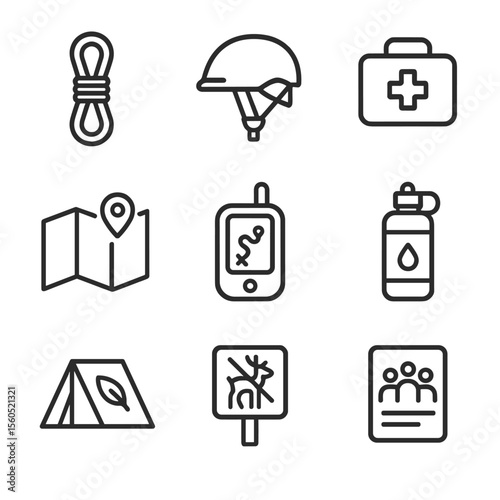 Adventure Tourism Icons. Outline icon set of responsible adventure tourism: guide rope, safety helmet, first aid kit, map, GPS