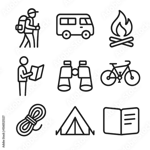 Adventure Travel Icons. Outline icon set of adventure travel silhouettes at sunset: backpacker with pole, camper van, campfire,