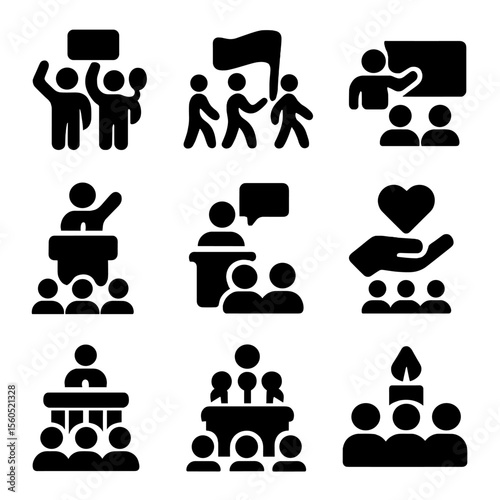Advocacy Event Icons. Solid, filled icon set of advocacy events: rally, march, workshop, seminar, fundraiser, town hall, press