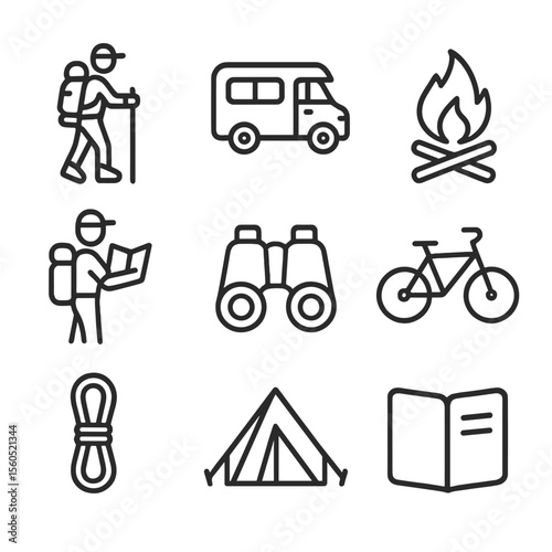 Adventure Travel Icons. Outline icon set of adventure travel silhouettes at sunset: backpacker with pole, camper van, campfire,
