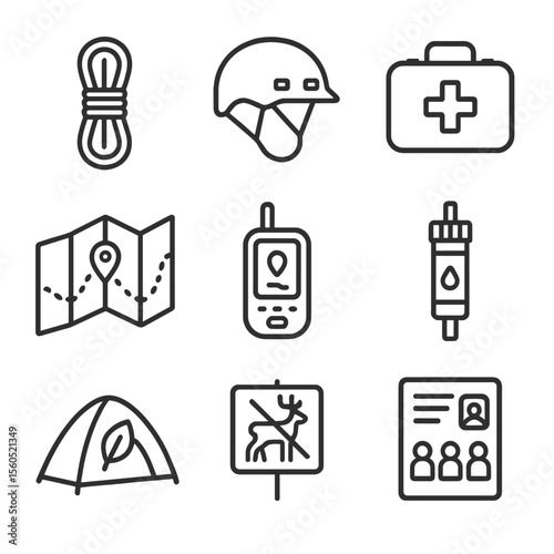Adventure Tourism Icons. Outline icon set of responsible adventure tourism: guide rope, safety helmet, first aid kit, map, GPS