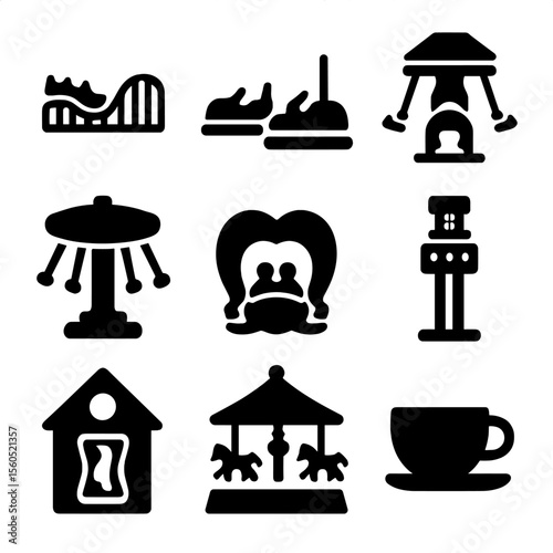 Amusement Park Icons. Solid, filled icon set of amusement park rides: roller coaster, bumper cars, swing ride, tunnel of love,