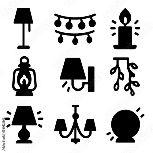 Ambient Lighting Icons. Solid, filled icon set of ambient lighting and decor: floor lamp, string lights, candle, lantern, wall