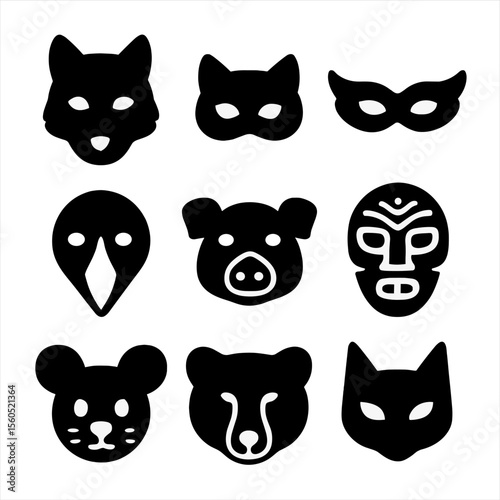 Animal Mask Collection. Solid, filled icon set of animal mask styles: full face, half face, eye mask, beak mask, snout mask,
