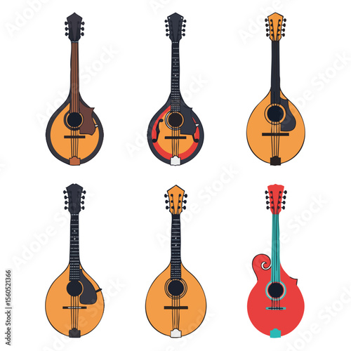 Flat Design Musical Instrument Mandolin Collection With Different Color Styles
