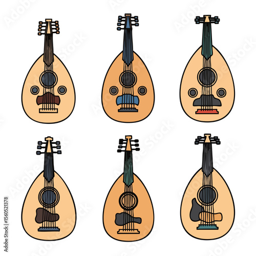 Hand Drawn Different Style Oud String Instrument Musical Item