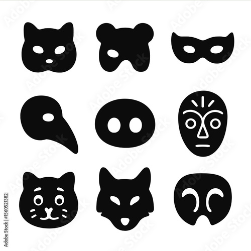 Animal Mask Collection. Solid, filled icon set of animal mask styles: full face, half face, eye mask, beak mask, snout mask,