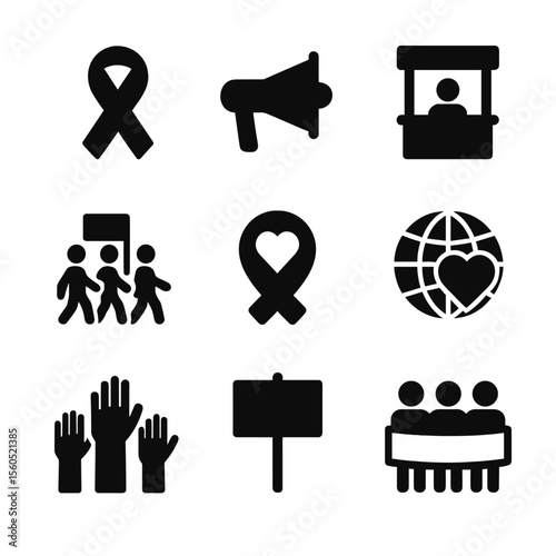Advocacy Icon Grid. Solid, filled icon set of advocacy and awareness: awareness ribbon, loudspeaker, info booth, group march,