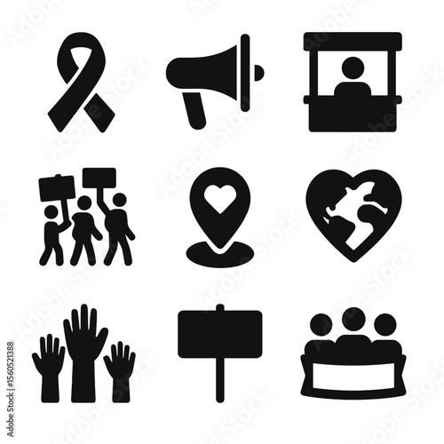 Advocacy Icon Grid. Solid, filled icon set of advocacy and awareness: awareness ribbon, loudspeaker, info booth, group march,