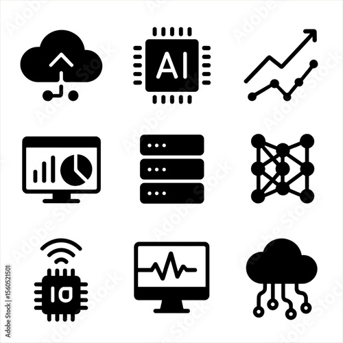 AI Data Icons. Solid, filled icon set of data analytics and AI: cloud computing, AI algorithms, data visualization, predictive
