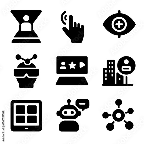 AR Interface Icons. Solid, filled icon set of future AR entertainment interfaces: holographic screen, control hand gesture, eye