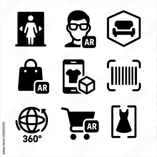 AR Shopping Icons. Solid, filled icon set of AR shopping experiences: virtual fitting room, try-on glasses, furniture preview,