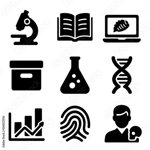 Archaeological Study Icons. Solid, filled icon set of archaeological study and research: microscope, book, laptop, archive box,