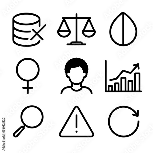 AI Bias Icons. Outline icon set of dataset bias in AI art: skewed dataset, scale imbalance, color bias, gender icon, ethnicity