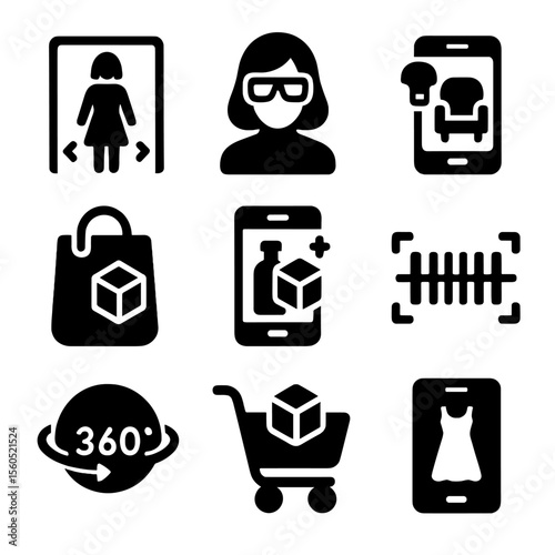 AR Shopping Icons. Solid, filled icon set of AR shopping experiences: virtual fitting room, try-on glasses, furniture preview,