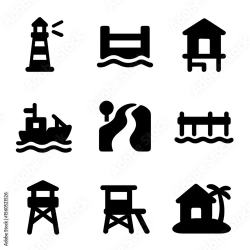 Archipelago Icon Set. Solid, filled icon set of archipelago infrastructure: lighthouse, dock, beach hut, fishing boat, coastal