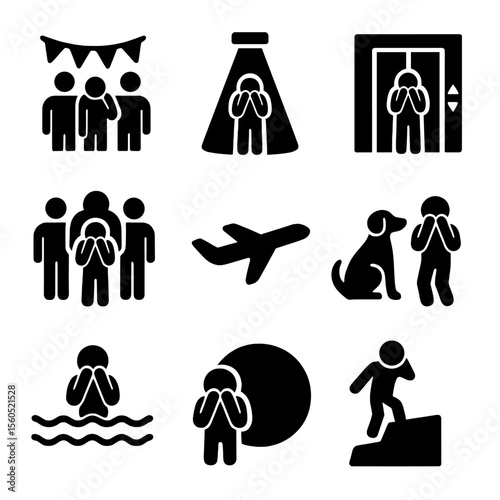 Anxiety Triggers Icons. Solid, filled icon set of overcoming anxiety triggers: social event, spotlight, closed elevator, crowded