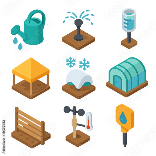 Agricultural Weather Icons. Isometric Flat icon set of agricultural weather: watering can, irrigation sprinkler, rain gauge,
