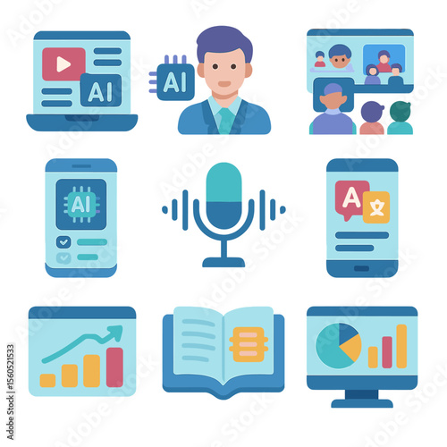 AI Education Icon Set. Isometric Flat icon set of AI in education: e-learning platform screen, AI tutor avatar, virtual classroom,